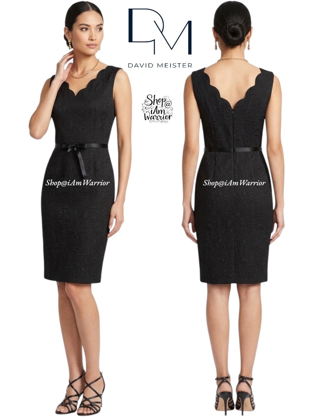 David Meister Black Jacquard Scalloped Neck Bow Waist Cocktail Dress *iAmWarrior